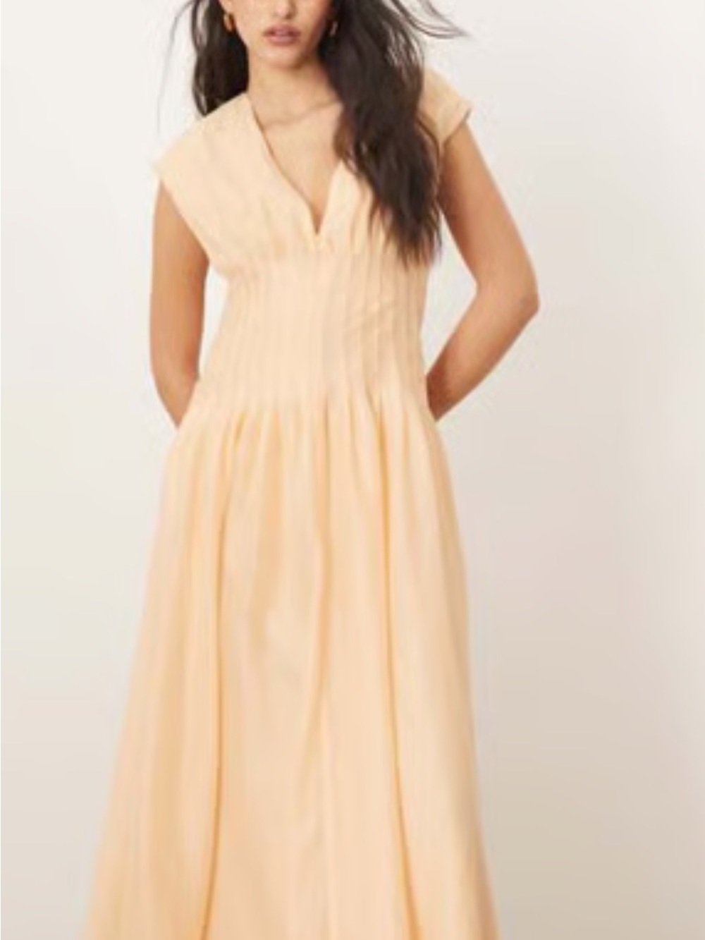 V-Neck Peach Maxi Dress with Pintuck Bodice